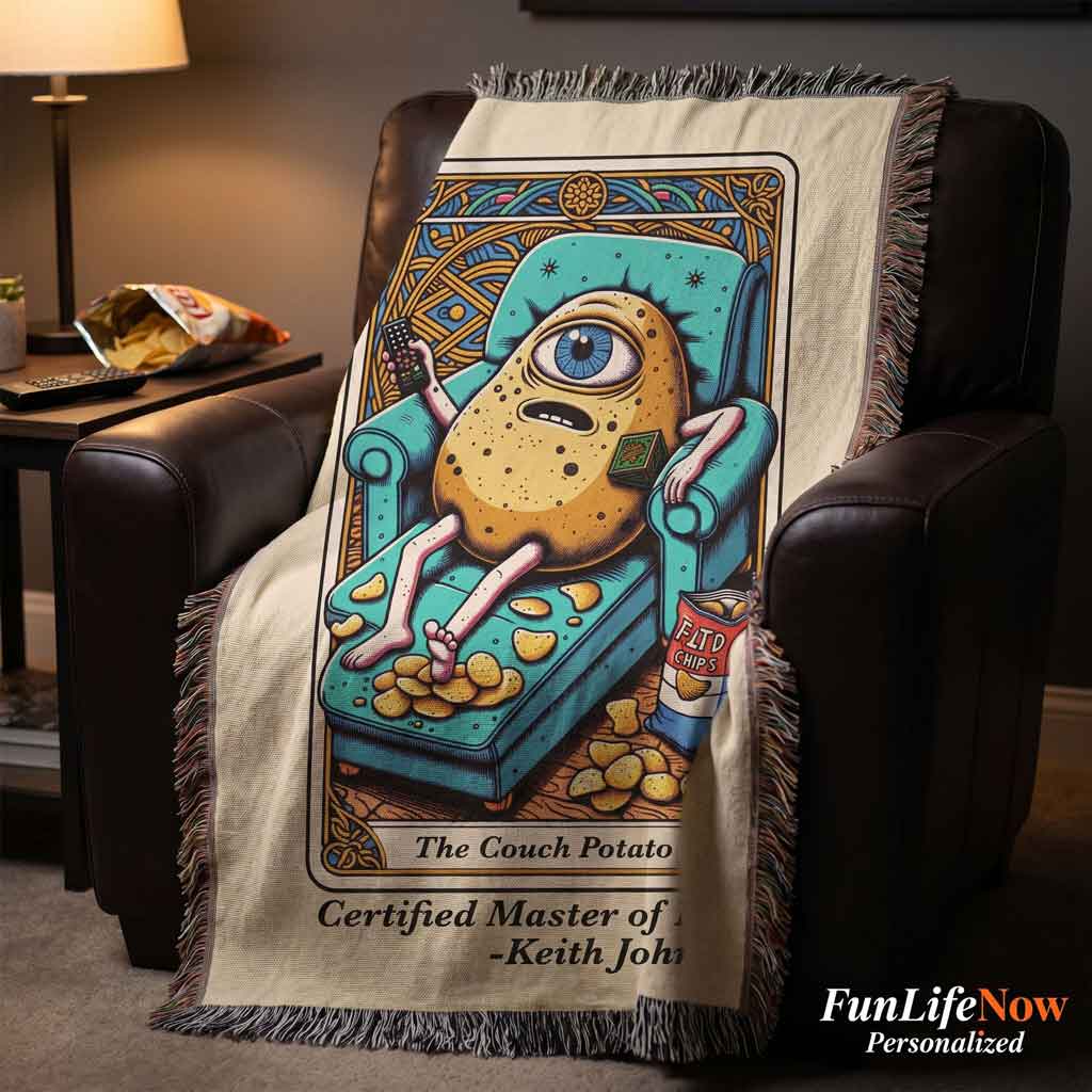 Personalized Couch Potato Tarot Card Woven Blanket Custom Lazy Day Gift Throw