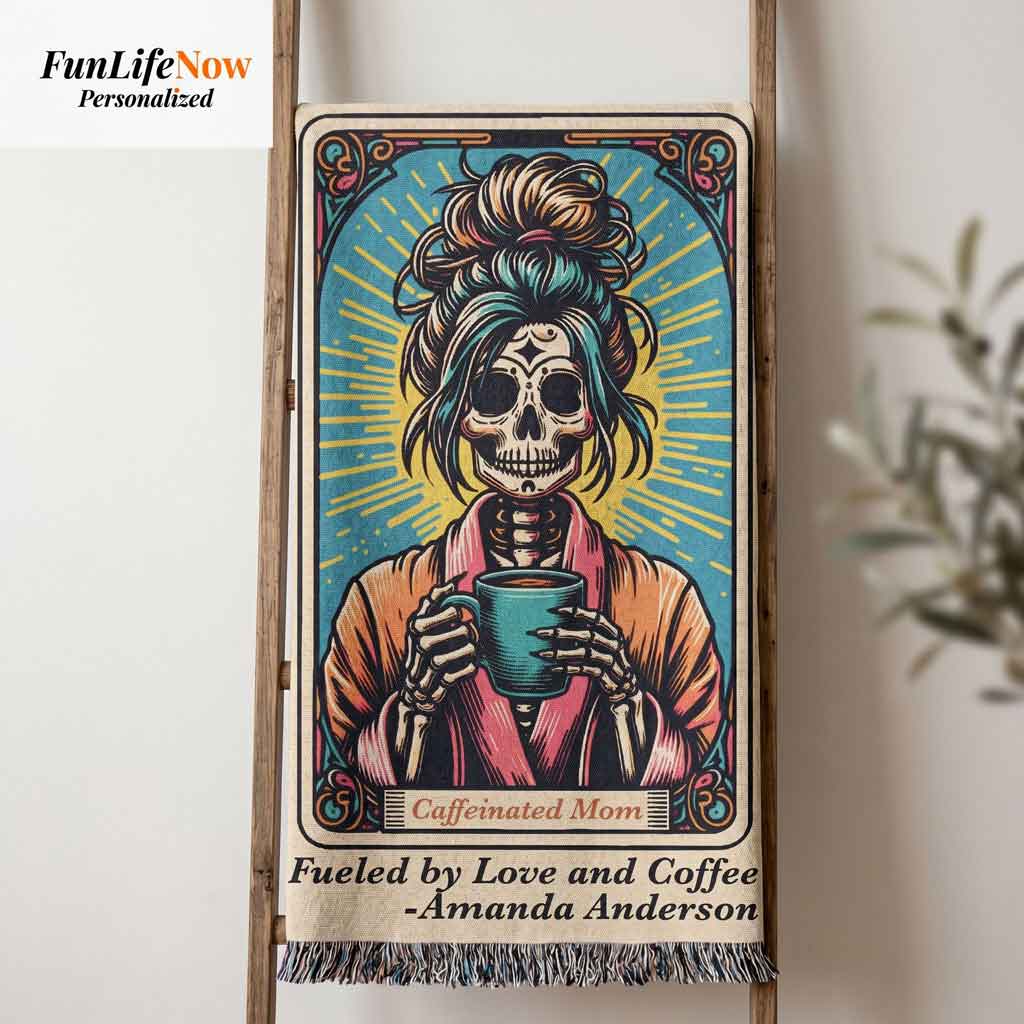 Personalized Caffeinated Coffee Mom Tarot Card Woven Blanket Custom Gift Throw