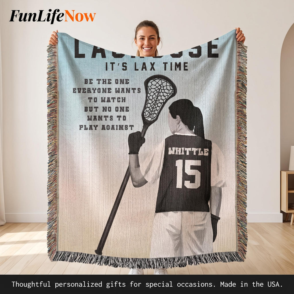 Personalized Girls Lacrosse Woven Blanket Custom LAX Gift Throw
