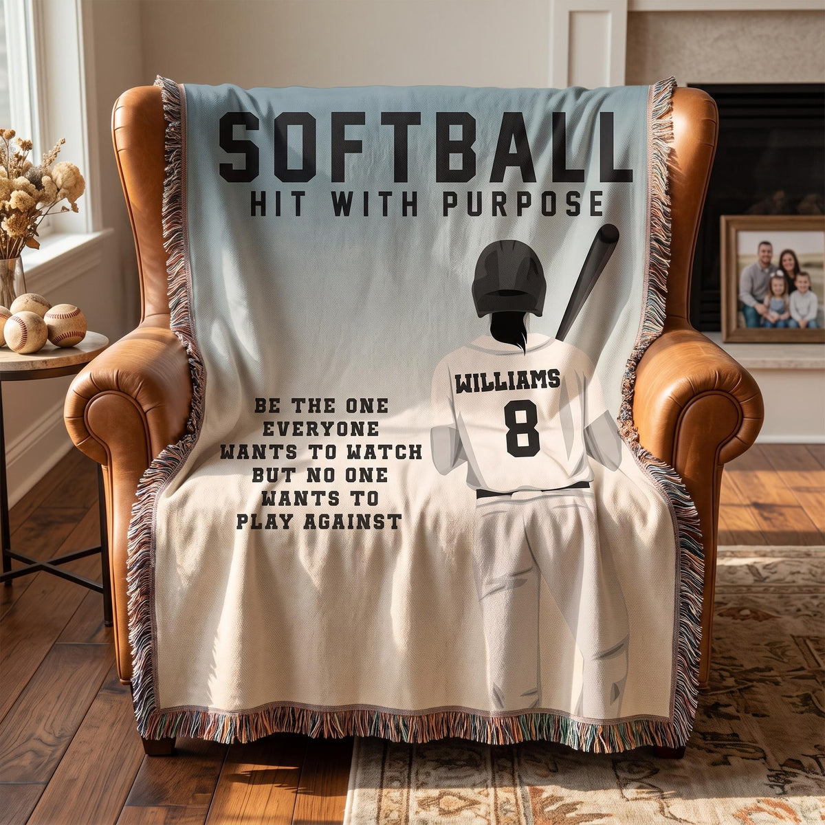 Personalized Girls Softball Woven Blanket Custom Softball Gift Throw