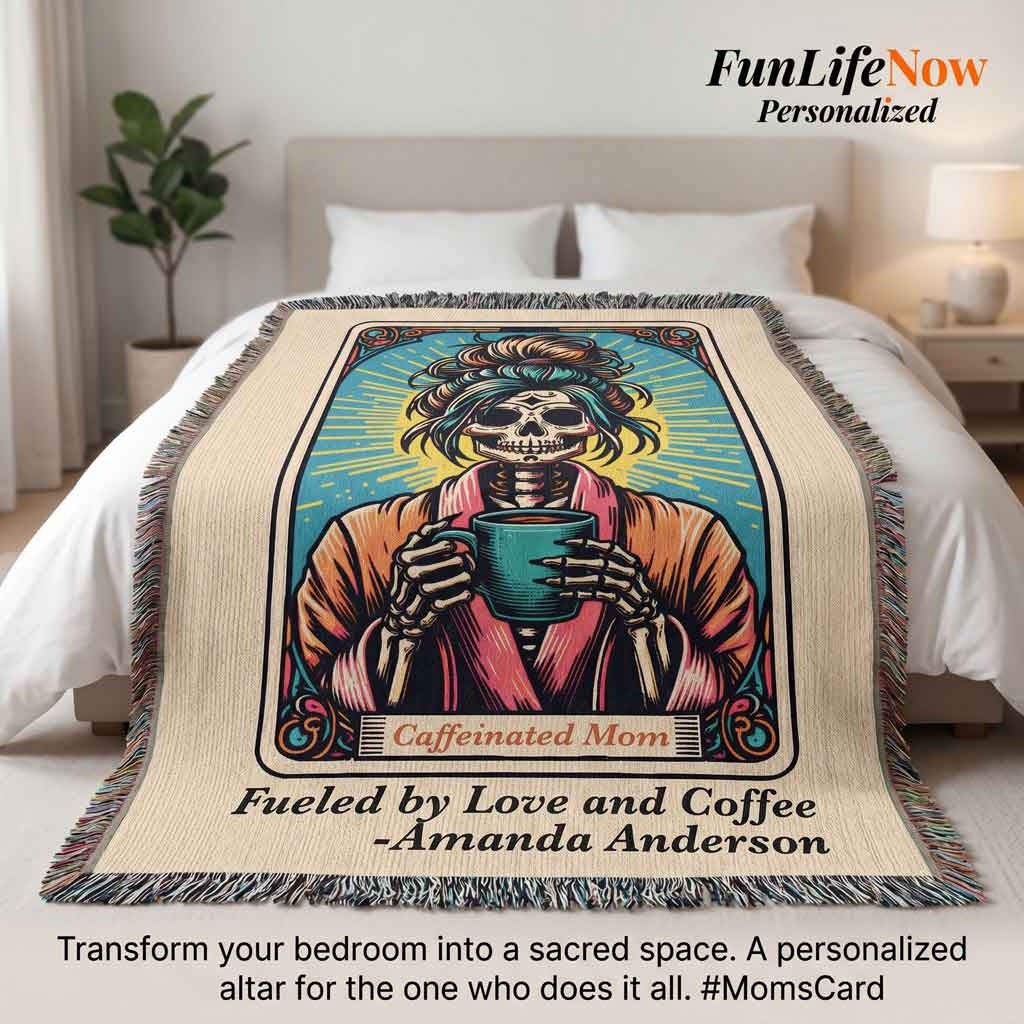 Personalized Caffeinated Coffee Mom Tarot Card Woven Blanket Custom Gift Throw