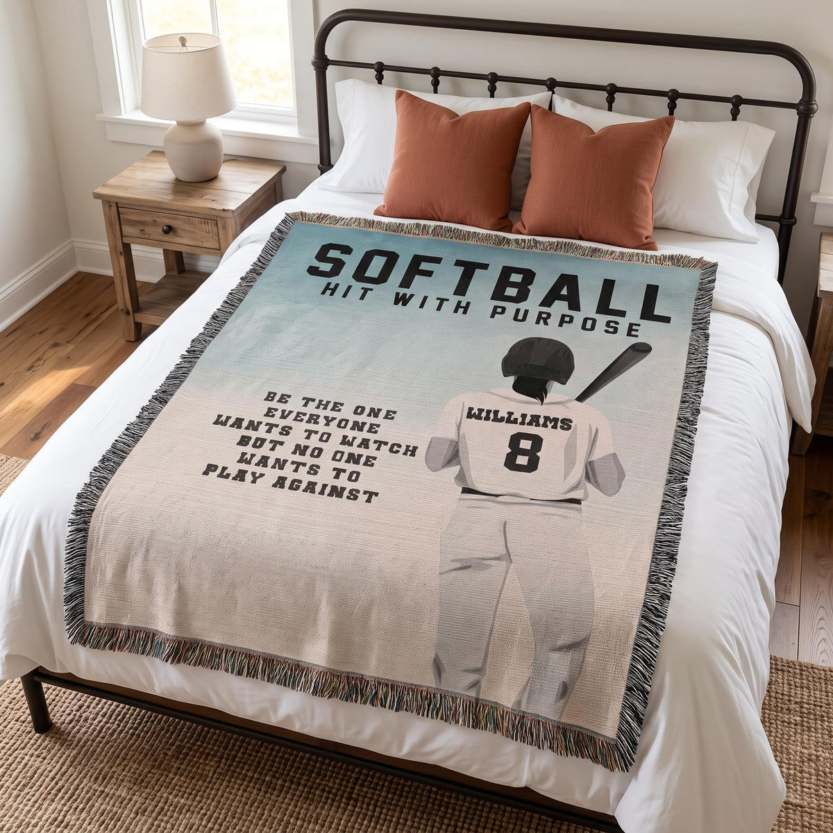 Personalized Girls Softball Woven Blanket Custom Softball Gift Throw