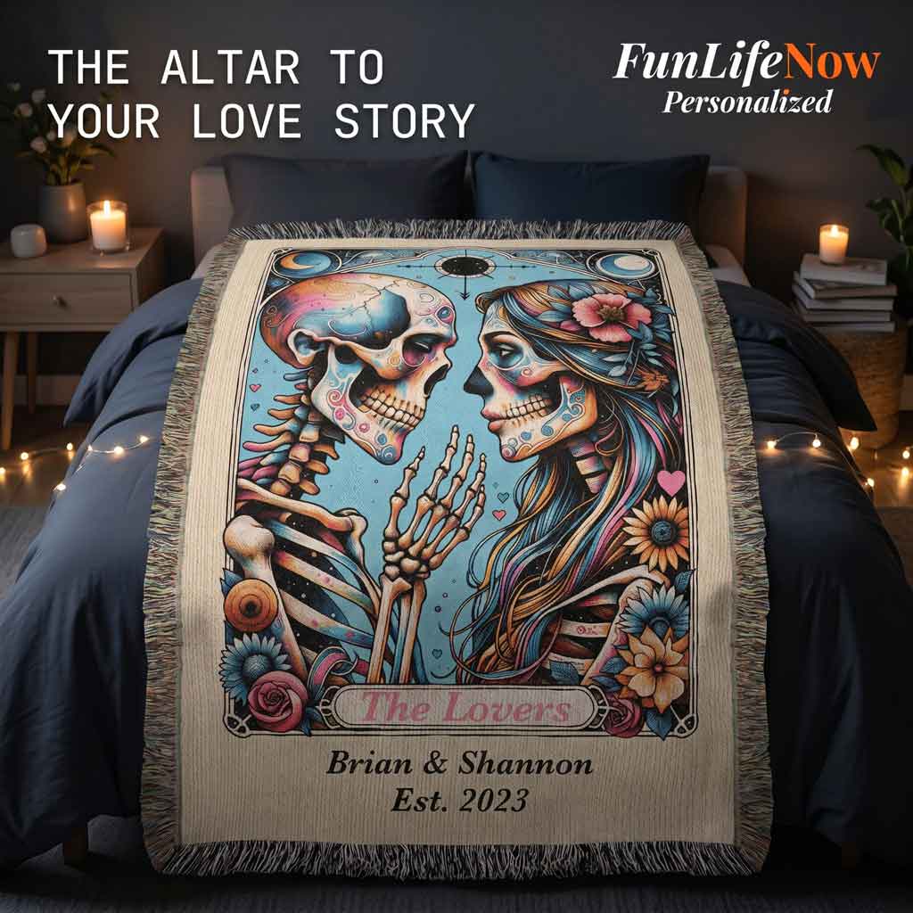 Personalized The Lovers Tarot Card Woven Blanket Custom Couple Gift Throw