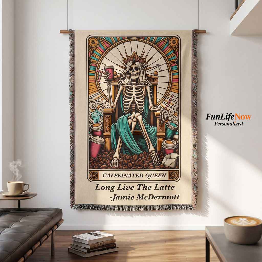 Personalized Caffeinated Coffee Queen Tarot Card Woven Blanket Custom Gift Throw