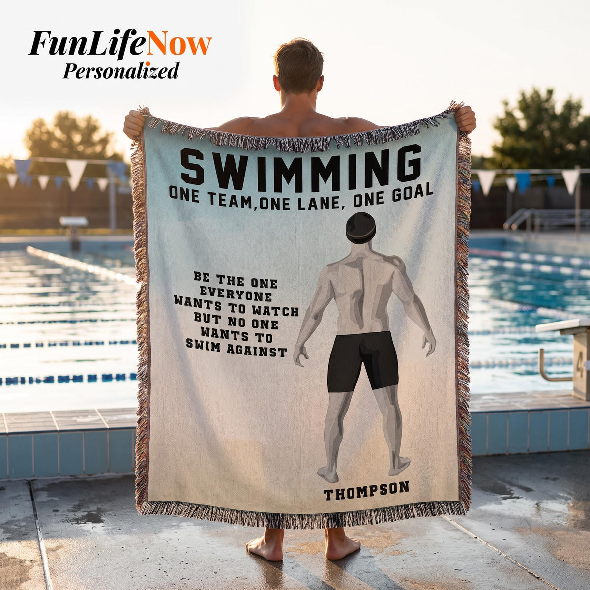 Personalized Boys Swimming Woven Blanket Custom Swimmer Gift Throw
