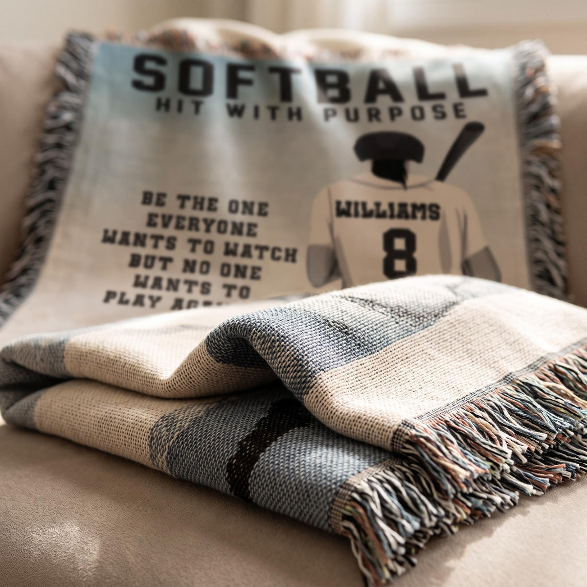 Personalized Girls Softball Woven Blanket Custom Softball Gift Throw
