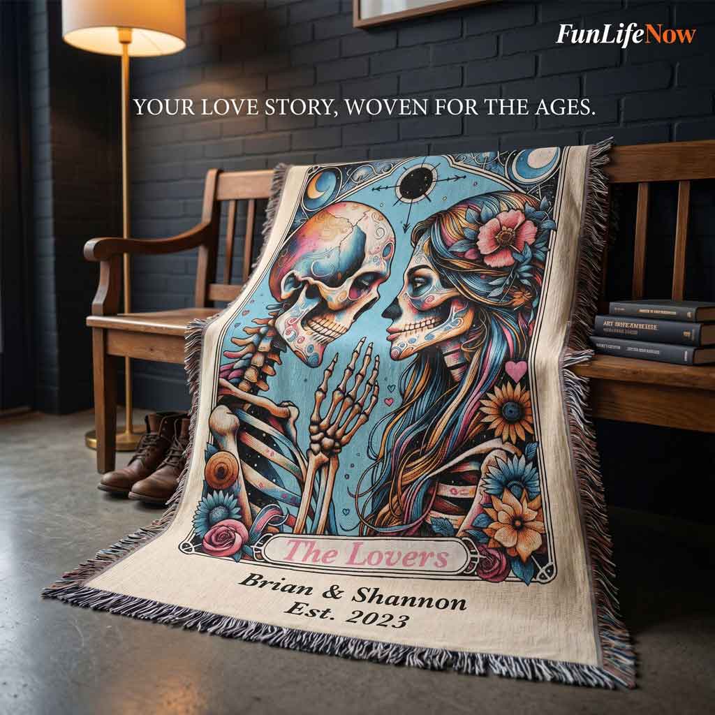 Personalized The Lovers Tarot Card Woven Blanket Custom Couple Gift Throw