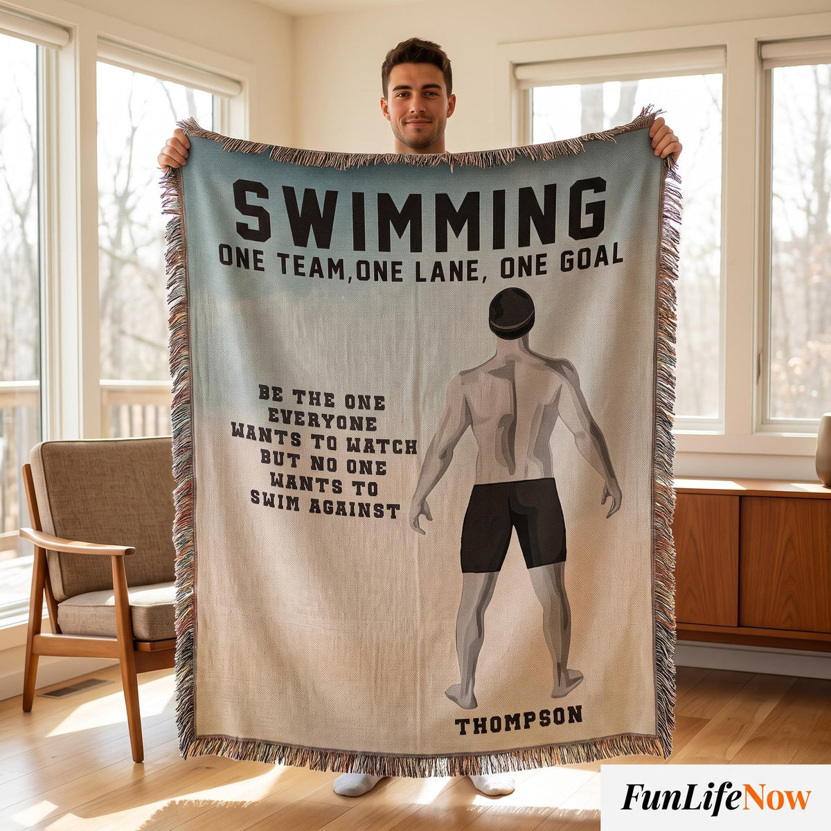 Personalized Boys Swimming Woven Blanket Custom Swimmer Gift Throw