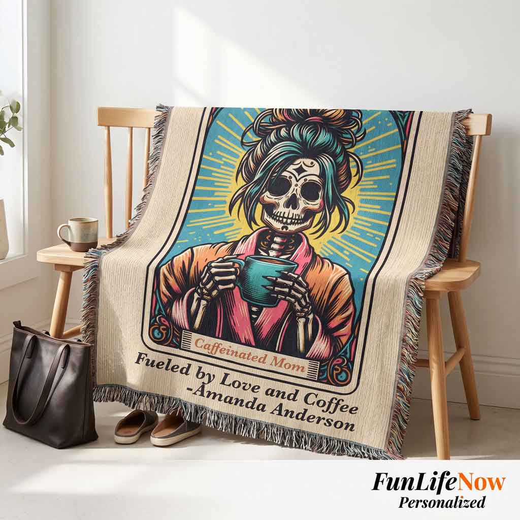 Personalized Caffeinated Coffee Mom Tarot Card Woven Blanket Custom Gift Throw