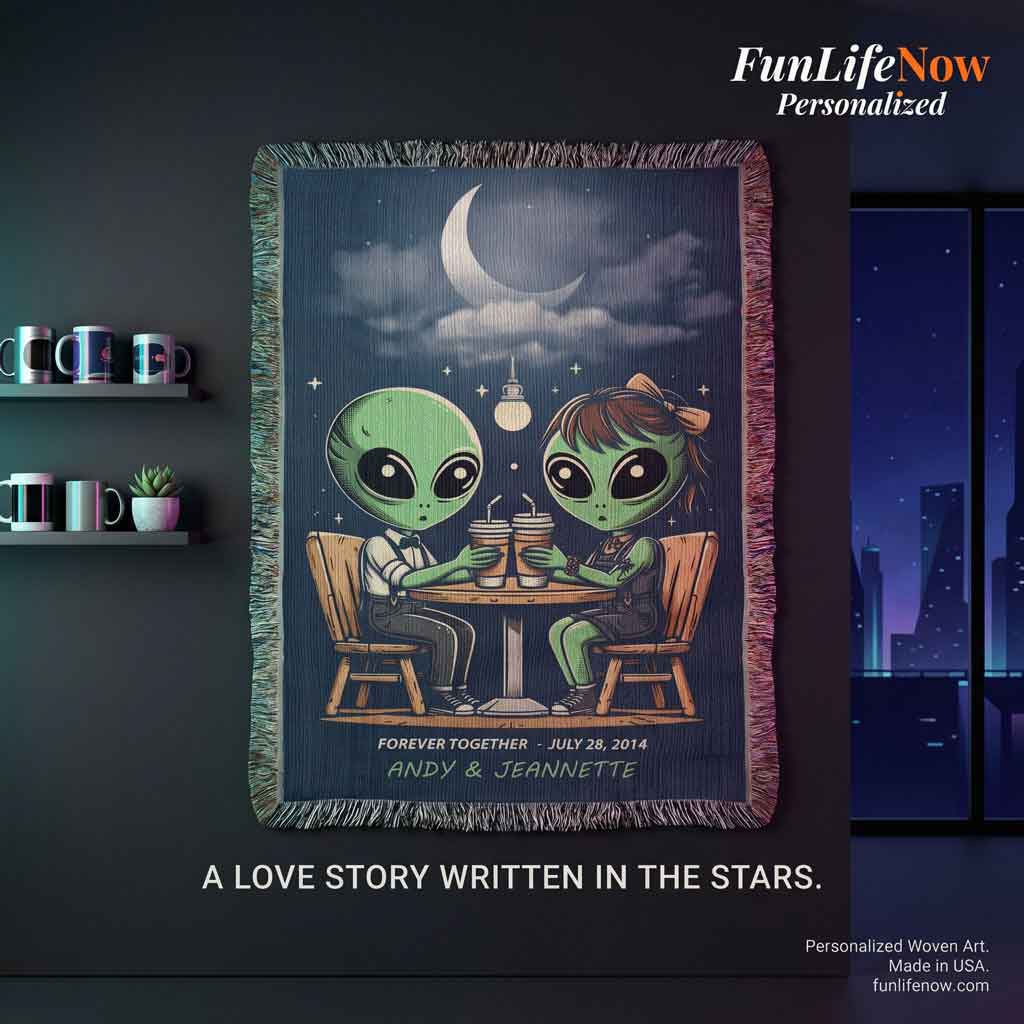 Personalized Alien Couple Coffee Shop Woven Blanket Custom Romantic Gift Throw