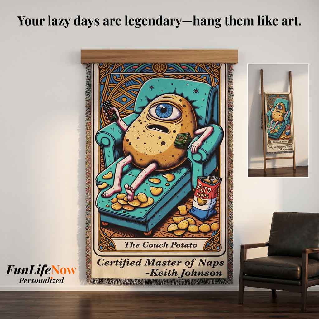 Personalized Couch Potato Tarot Card Woven Blanket Custom Lazy Day Gift Throw