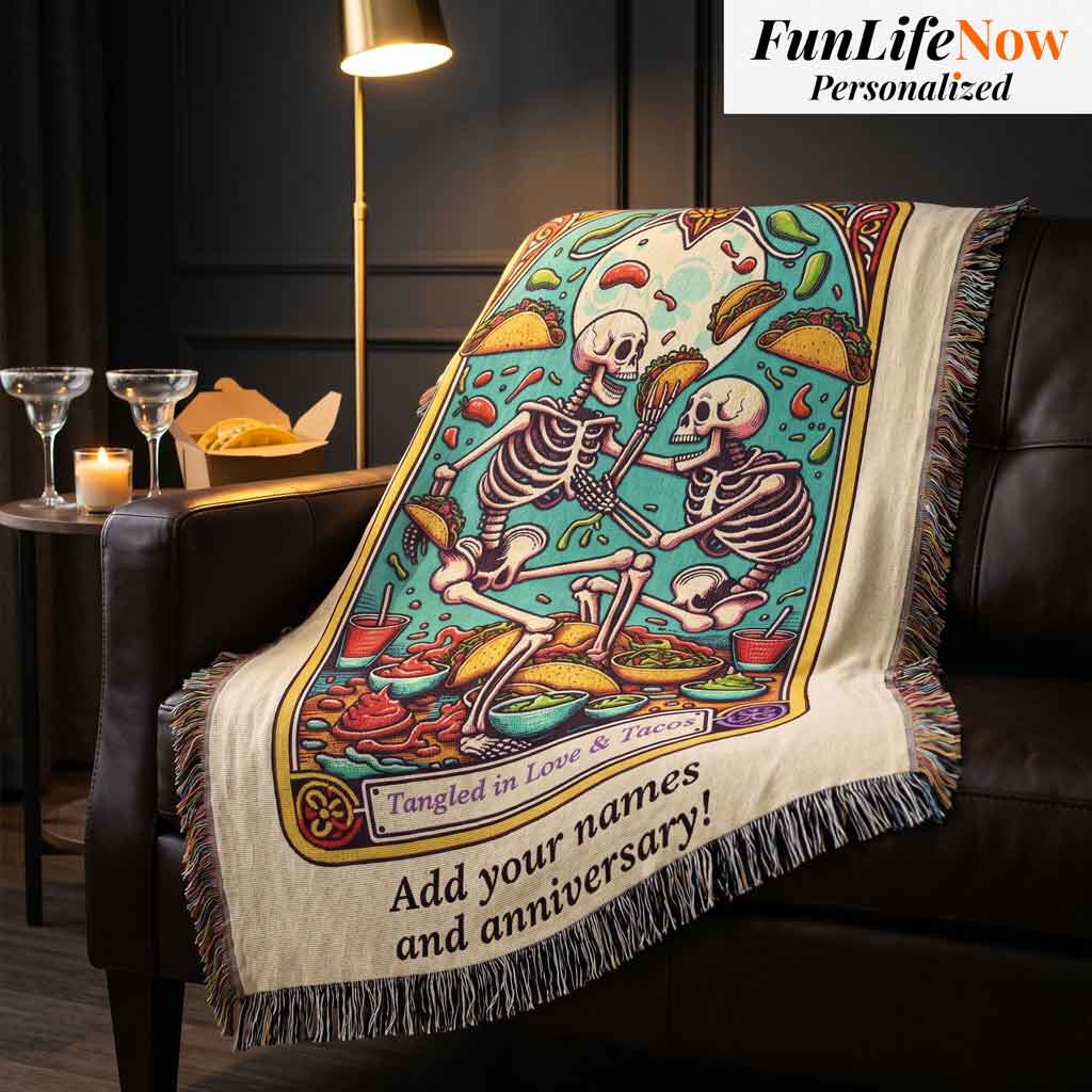 Personalized Love and Tacos Tarot Card Woven Blanket Custom Couple Gift Throw
