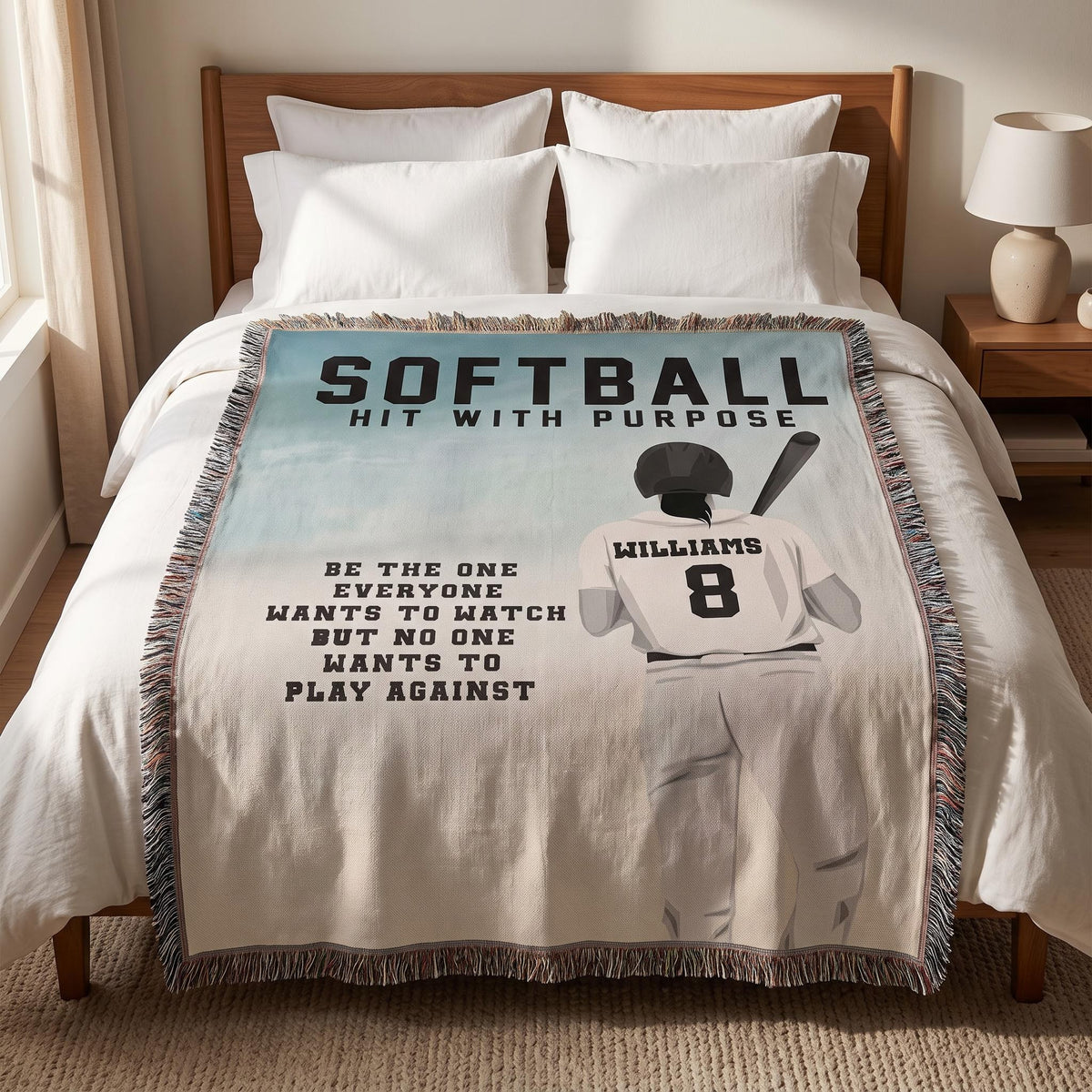 Personalized Girls Softball Woven Blanket Custom Softball Gift Throw