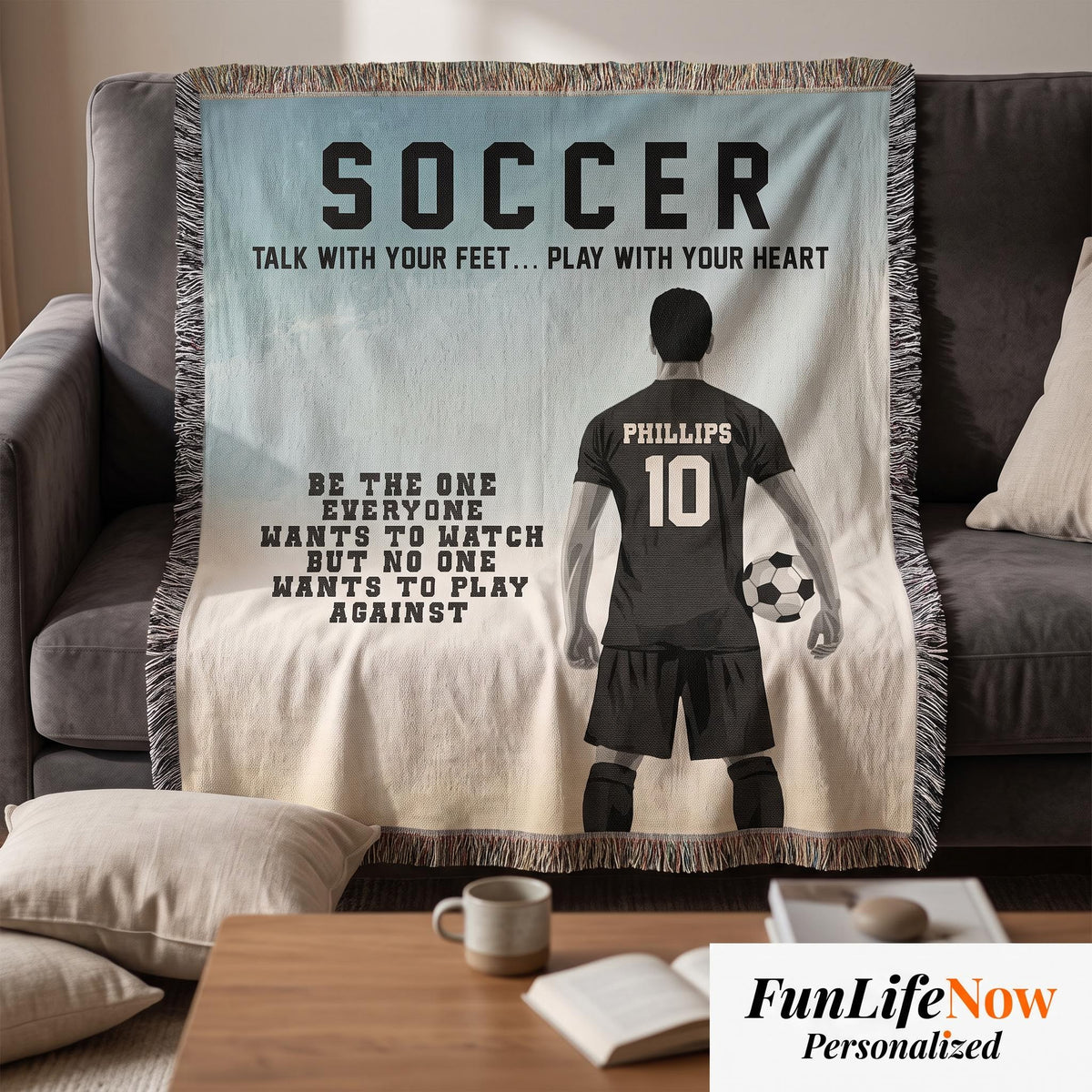 Personalized Boys Soccer Woven Blanket Custom Soccer Gift Throw