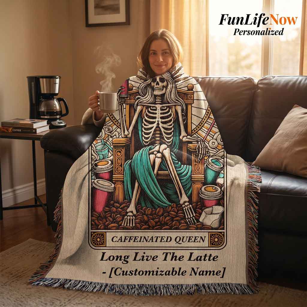 Personalized Caffeinated Coffee Queen Tarot Card Woven Blanket Custom Gift Throw