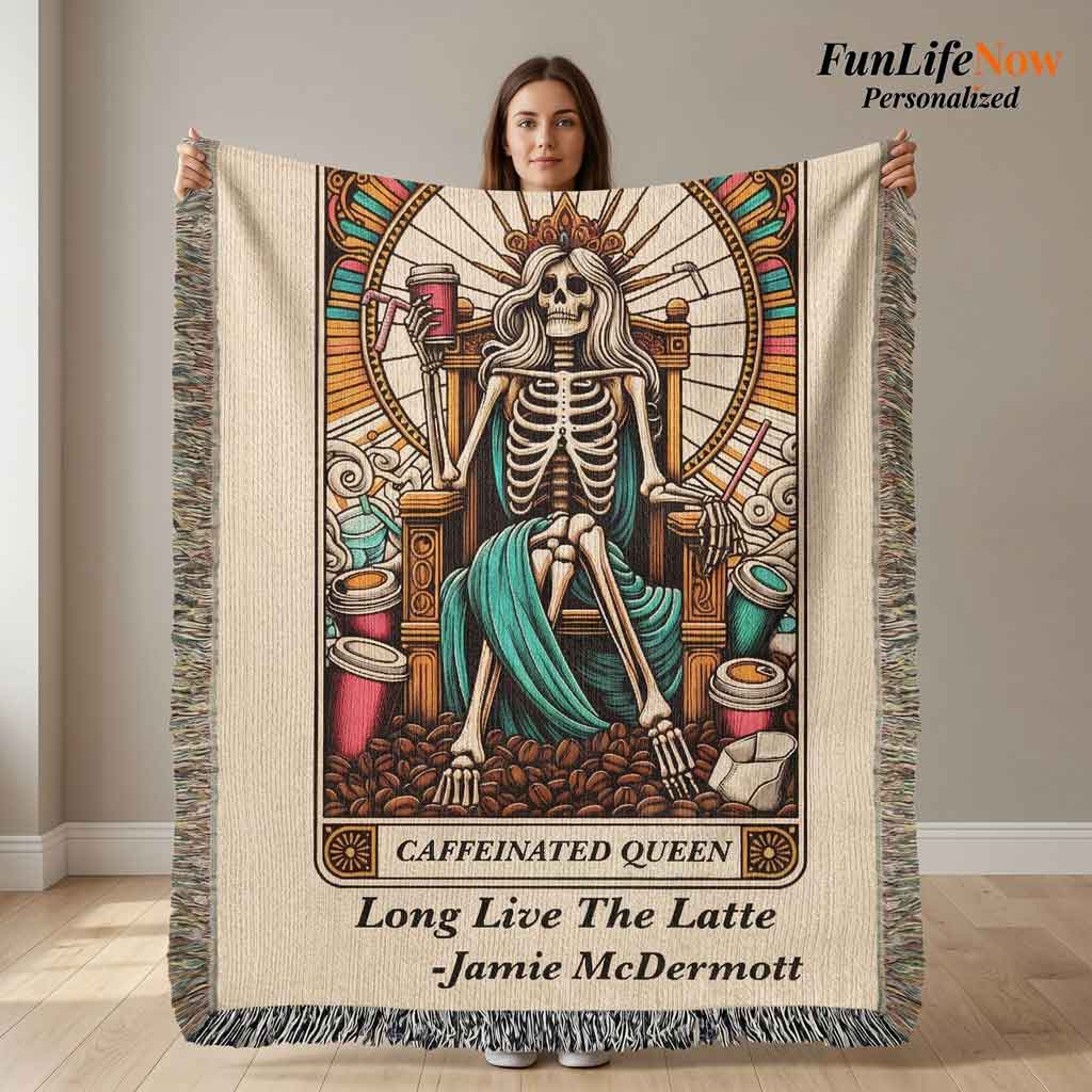 Personalized Caffeinated Coffee Queen Tarot Card Woven Blanket Custom Gift Throw