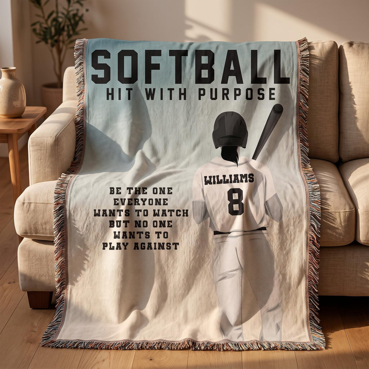 Personalized Girls Softball Woven Blanket Custom Softball Gift Throw
