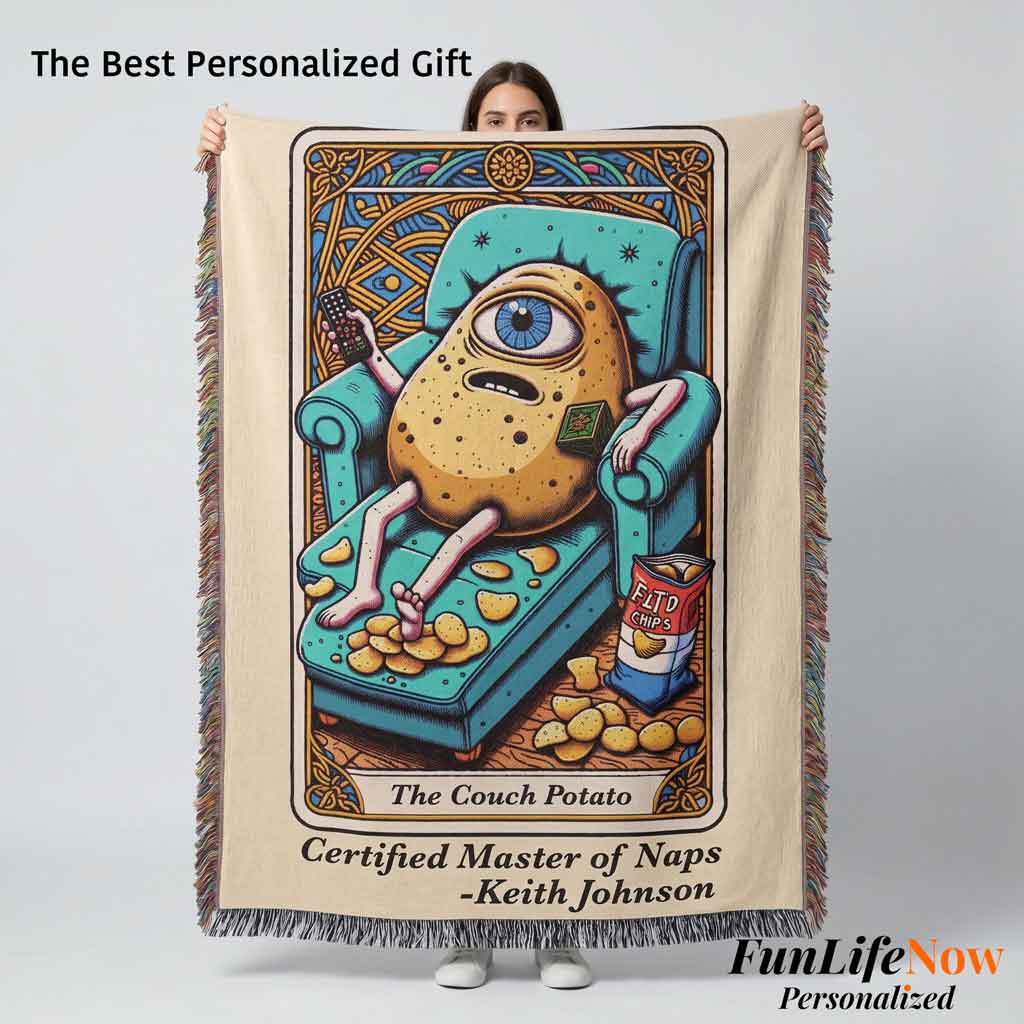 Personalized Couch Potato Tarot Card Woven Blanket Custom Lazy Day Gift Throw