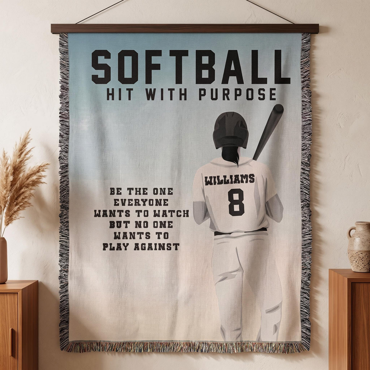 Personalized Girls Softball Woven Blanket Custom Softball Gift Throw
