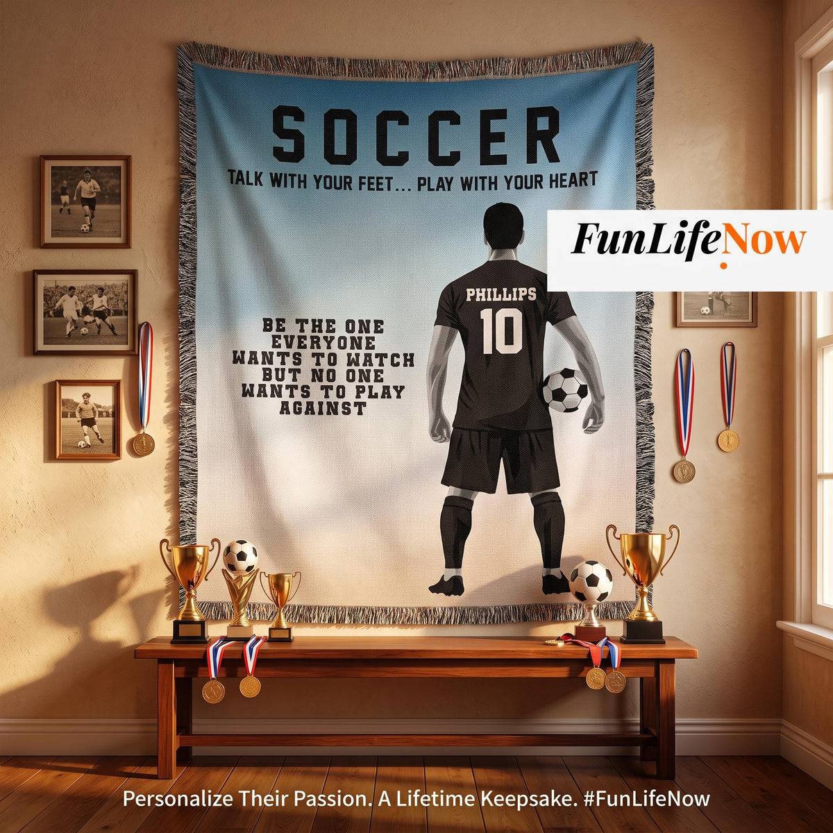 Personalized Boys Soccer Woven Blanket Custom Soccer Gift Throw