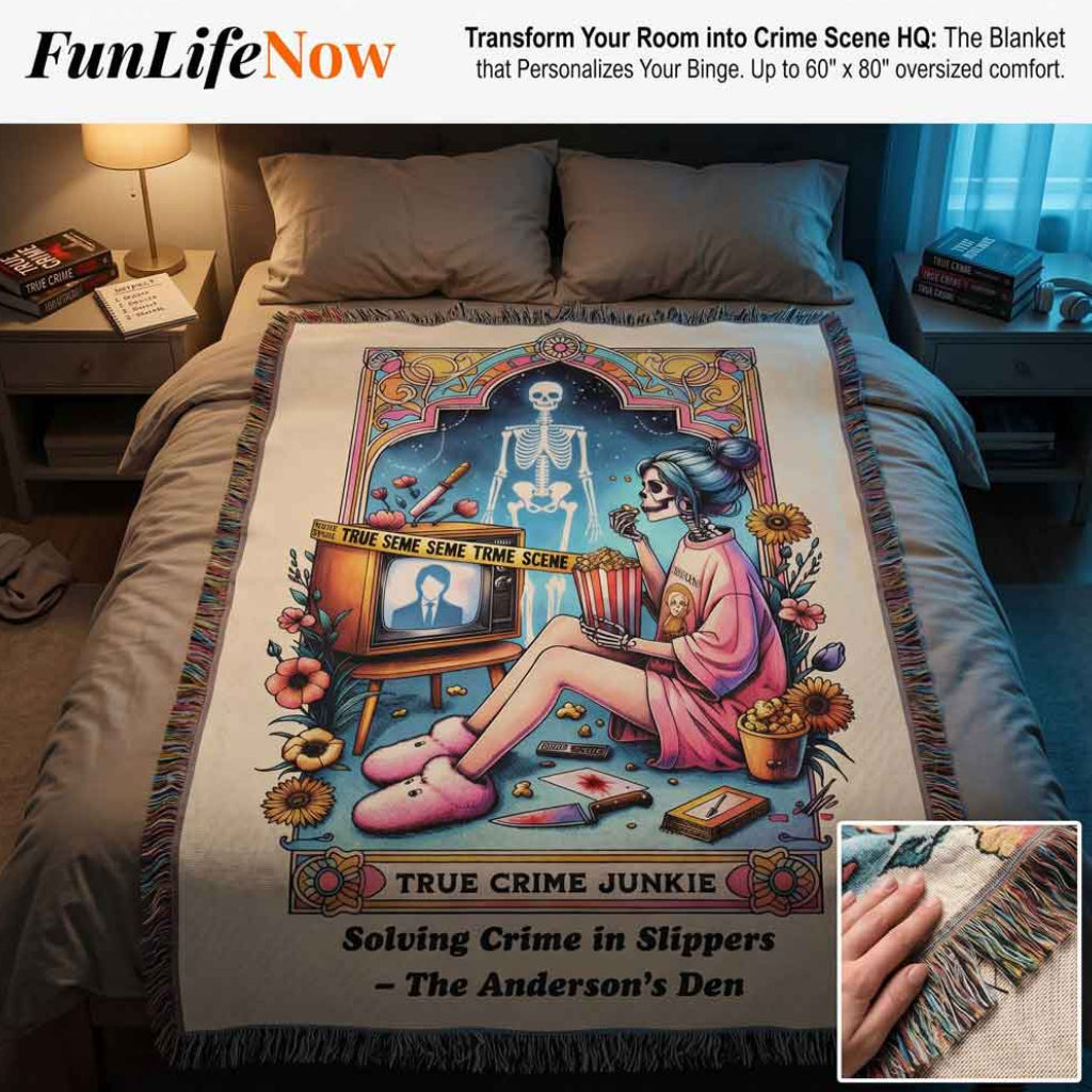 Decorative blanket with a skeleton and woman design on a bed, featuring the brand 'FunLifeNow'.