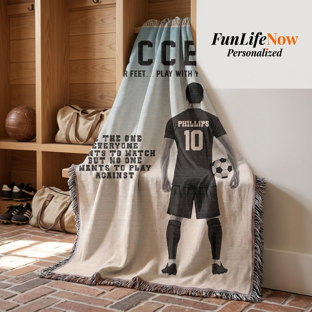 Personalized Boys Soccer Woven Blanket Custom Soccer Gift Throw