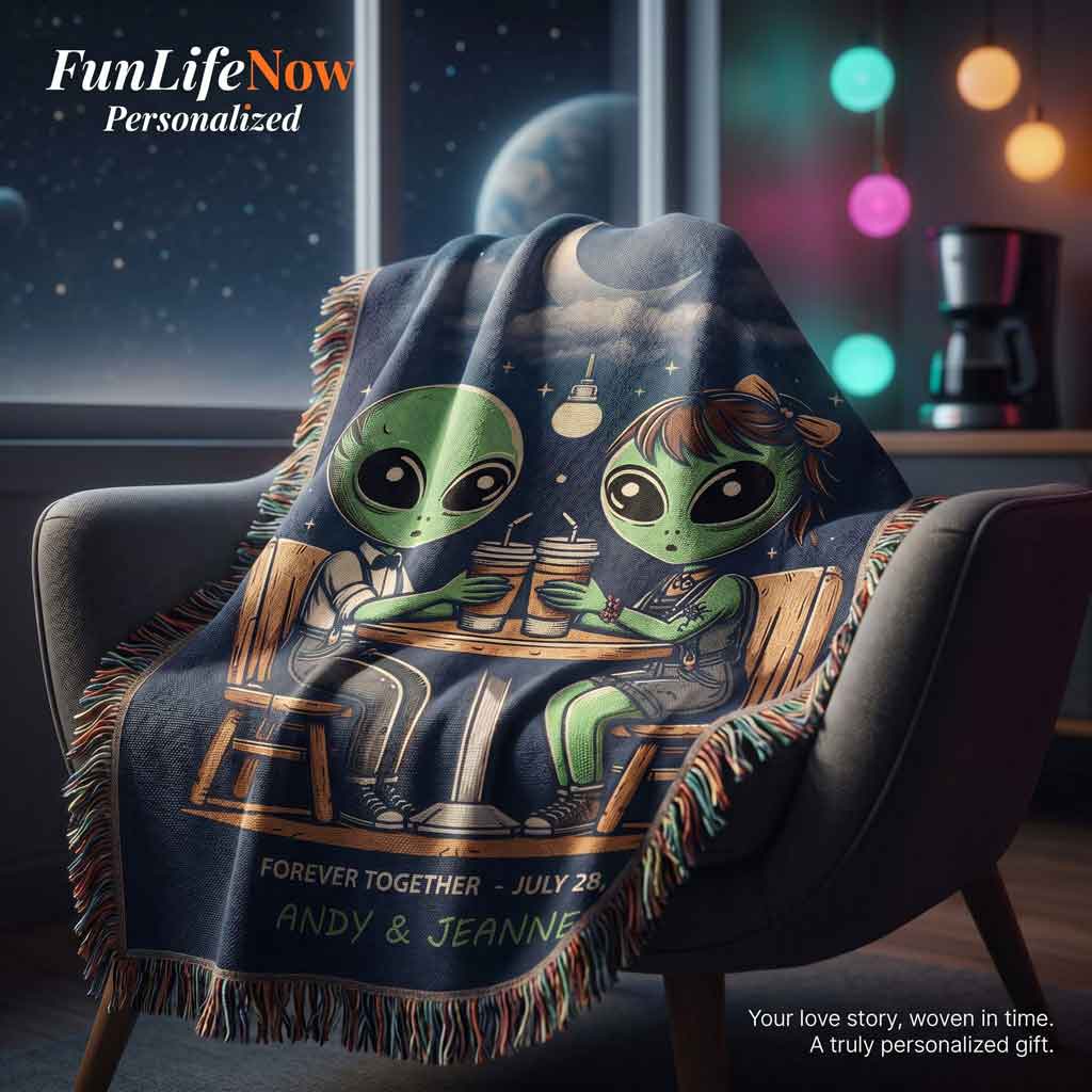 Personalized Alien Couple Coffee Shop Woven Blanket Custom Romantic Gift Throw