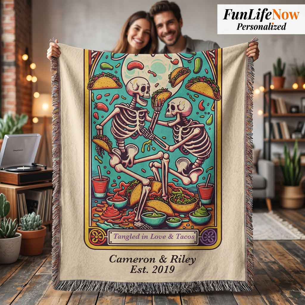 Personalized Love and Tacos Tarot Card Woven Blanket Custom Couple Gift Throw
