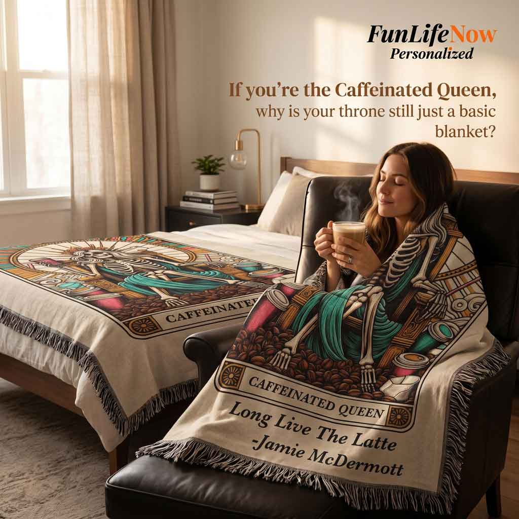 Personalized Caffeinated Coffee Queen Tarot Card Woven Blanket Custom Gift Throw