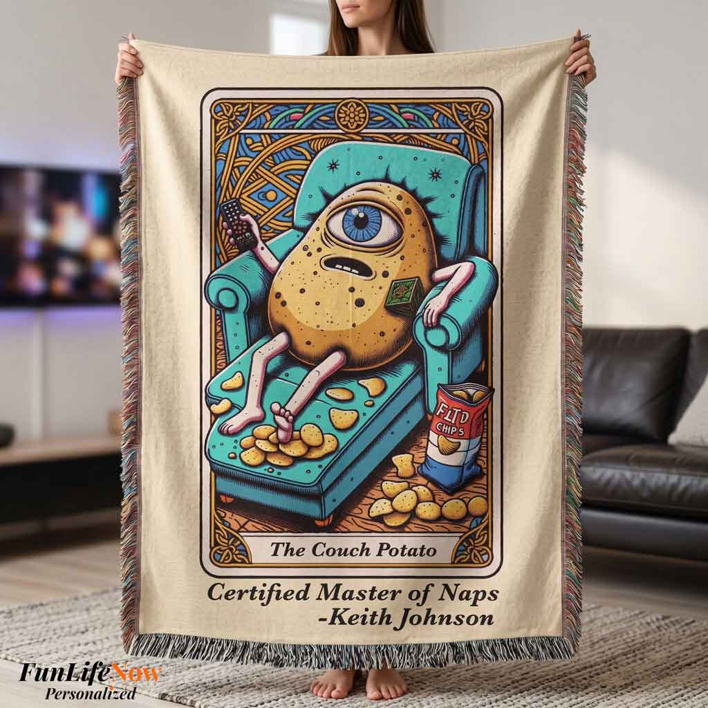 Personalized Couch Potato Tarot Card Woven Blanket Custom Lazy Day Gift Throw