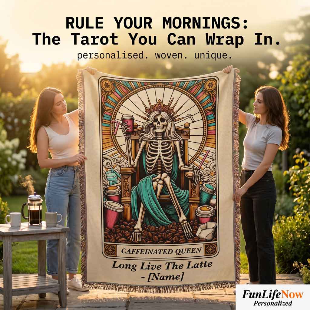 Personalized Caffeinated Coffee Queen Tarot Card Woven Blanket Custom Gift Throw