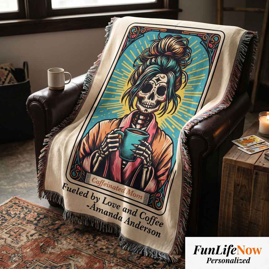 Personalized Caffeinated Coffee Mom Tarot Card Woven Blanket Custom Gift Throw