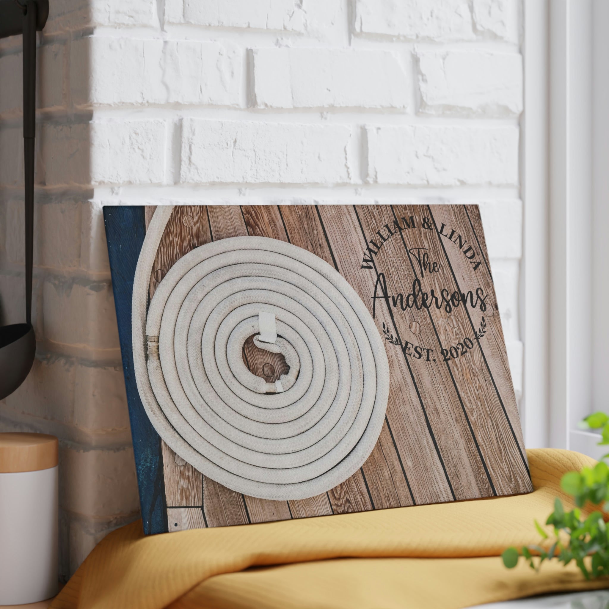 Personalized Boat Dock Rope Coil Cutting Board – 20 Custom Designs, Tempered Glass, Housewarming, Wedding & Real Estate Gifts - Available in 2 Sizes: 8x11 & 11x15 - DESIGN 11