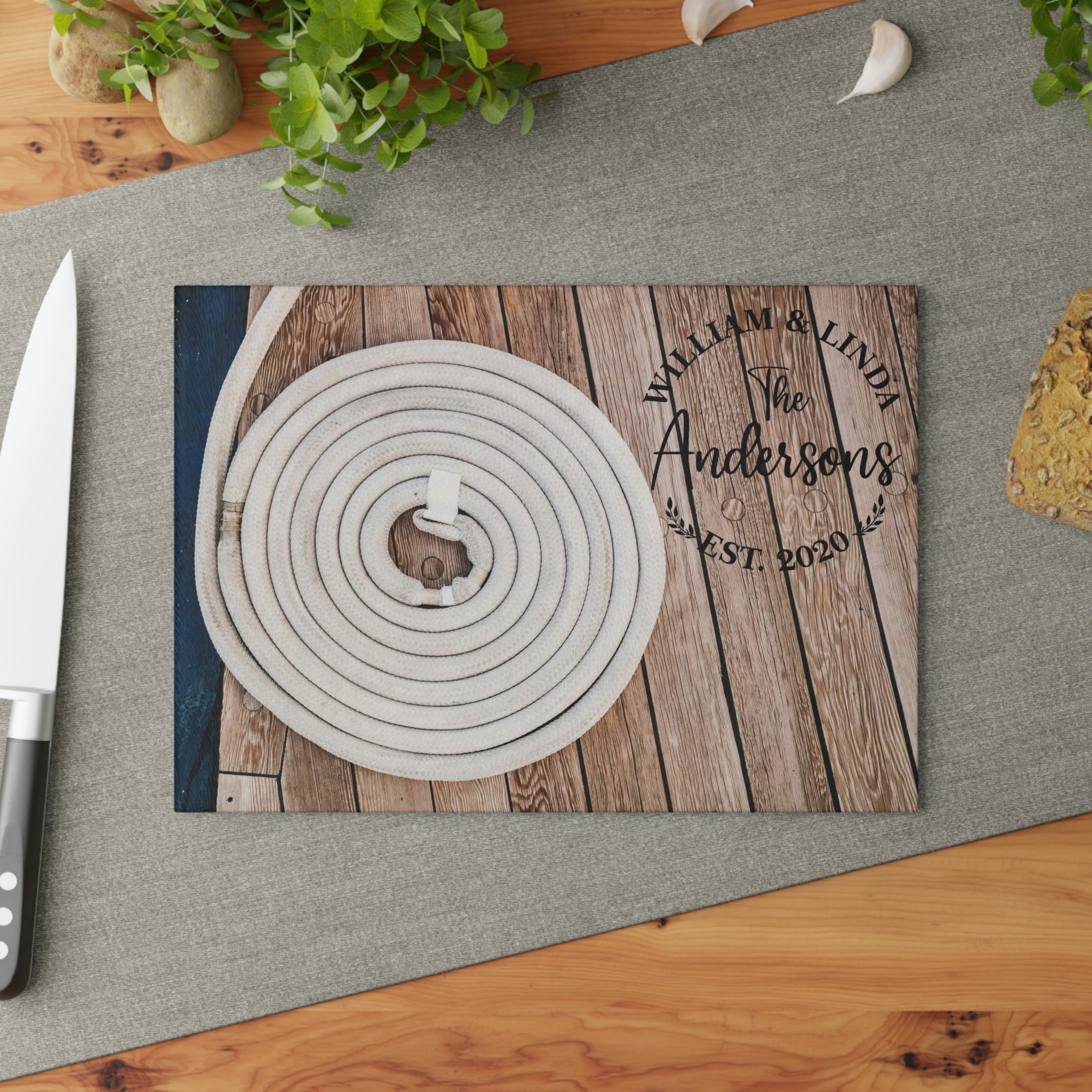 Personalized Boat Dock Rope Coil Cutting Board – 20 Custom Designs, Tempered Glass, Housewarming, Wedding & Real Estate Gifts - Available in 2 Sizes: 8x11 & 11x15 - DESIGN 11