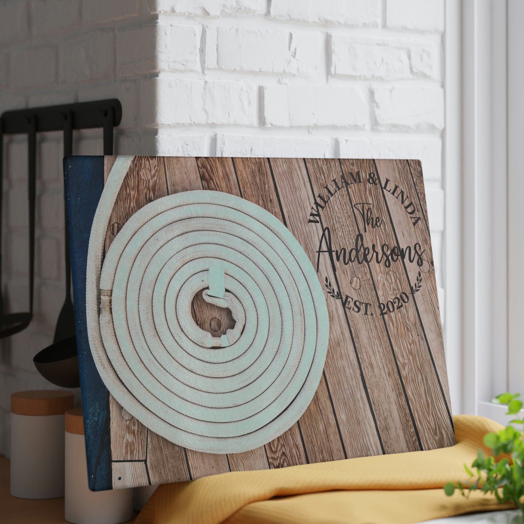 Personalized Boat Dock Rope Coil Cutting Board – 20 Custom Designs, Tempered Glass, Housewarming, Wedding & Real Estate Gifts - Available in 2 Sizes: 8x11 & 11x15 - DESIGN 11