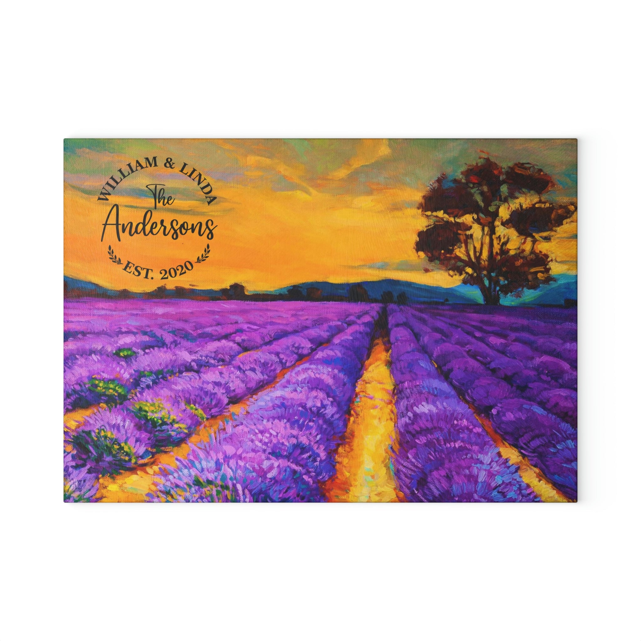 Personalized Lavender Fields Glass Cutting Board – 20 Custom Designs, Tempered Glass, Housewarming, Wedding & Real Estate Gifts - Available in 2 Sizes: 8x11 & 11x15  - DESIGN 2