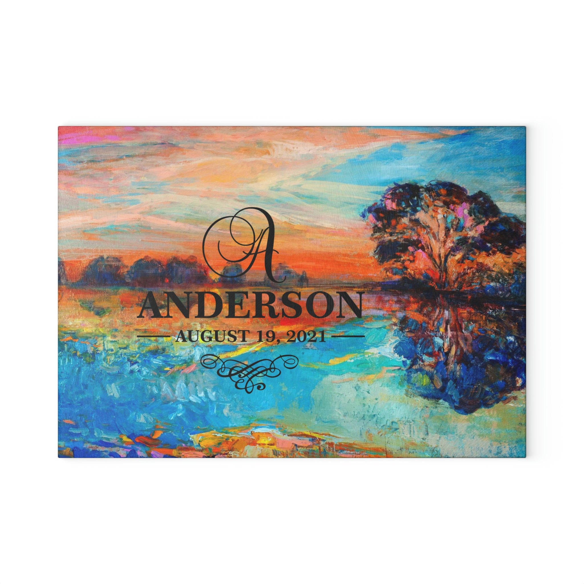Personalized Lake Tree Sunrise Glass Cutting Board – 20 Custom Designs, Tempered Glass, Housewarming, Wedding & Real Estate Gifts - Available in 2 Sizes: 8x11 & 11x15 - DESIGN 3