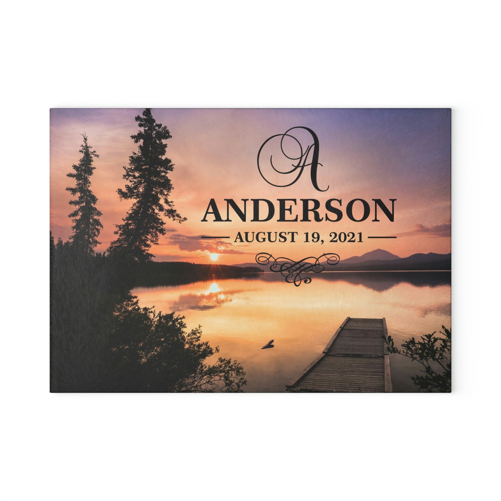 Personalized Lake Sunset Glass Cutting Board – 20 Custom Designs, Tempered Glass, Housewarming, Wedding & Real Estate Gifts - Available in 2 Sizes: 8x11 & 11x15  - DESIGN 10