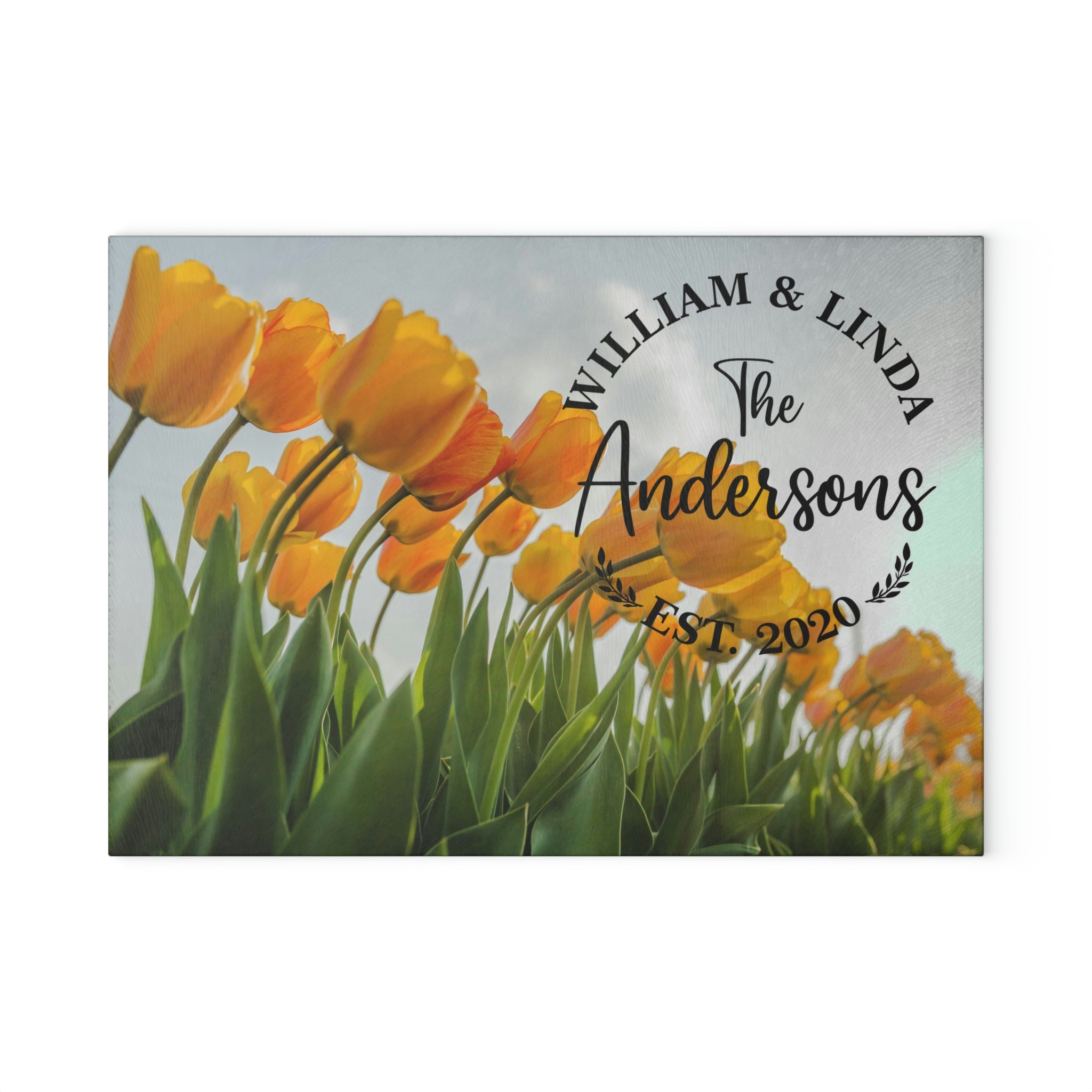 Personalized Orange Tulips Glass Cutting Board – 20 Custom Designs | Tempered Glass, Housewarming, Wedding & Real Estate Gifts | Available in 2 Sizes: 8x11 & 11x15 - DESIGN 18