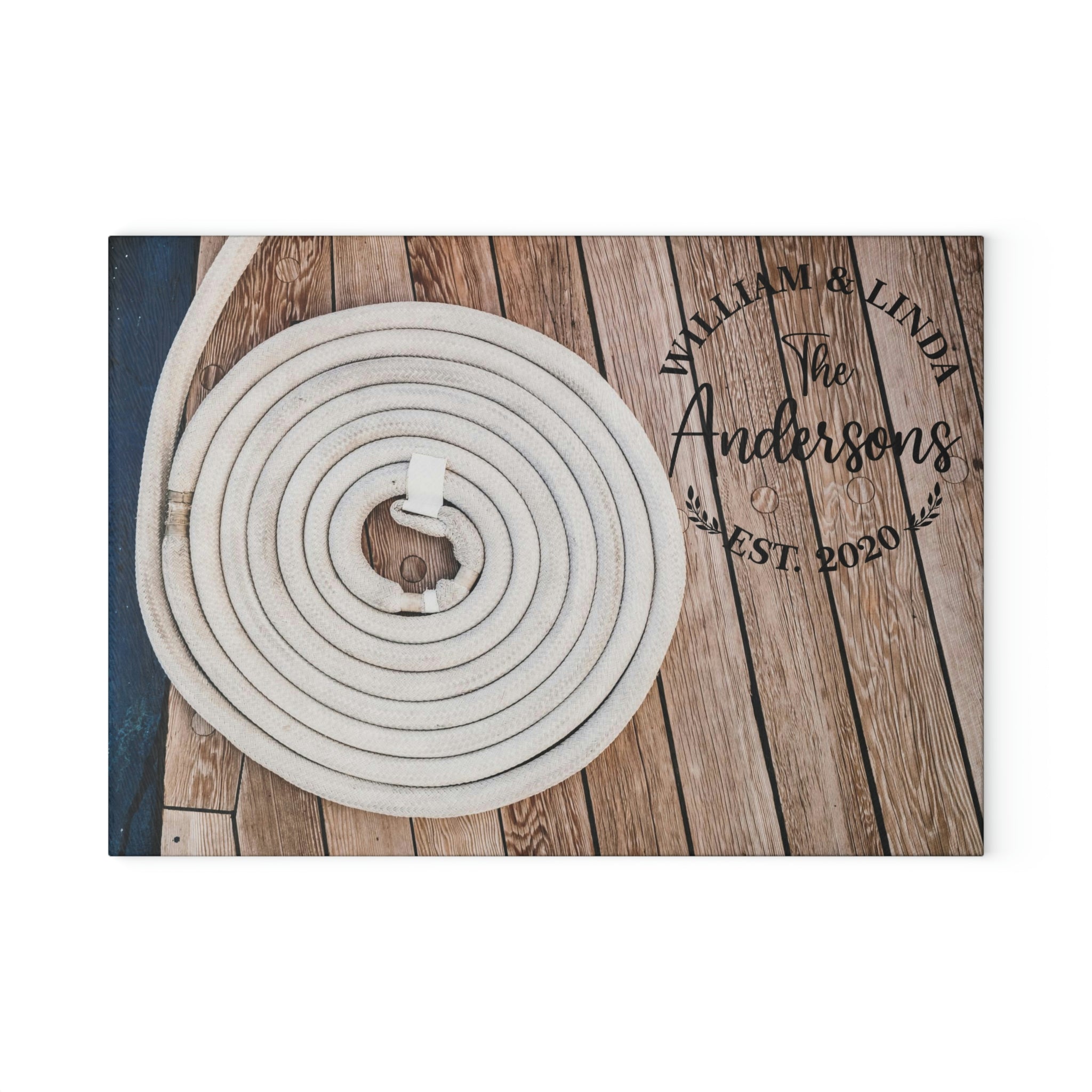 Personalized Boat Dock Rope Coil Cutting Board – 20 Custom Designs, Tempered Glass, Housewarming, Wedding & Real Estate Gifts - Available in 2 Sizes: 8x11 & 11x15 - DESIGN 11