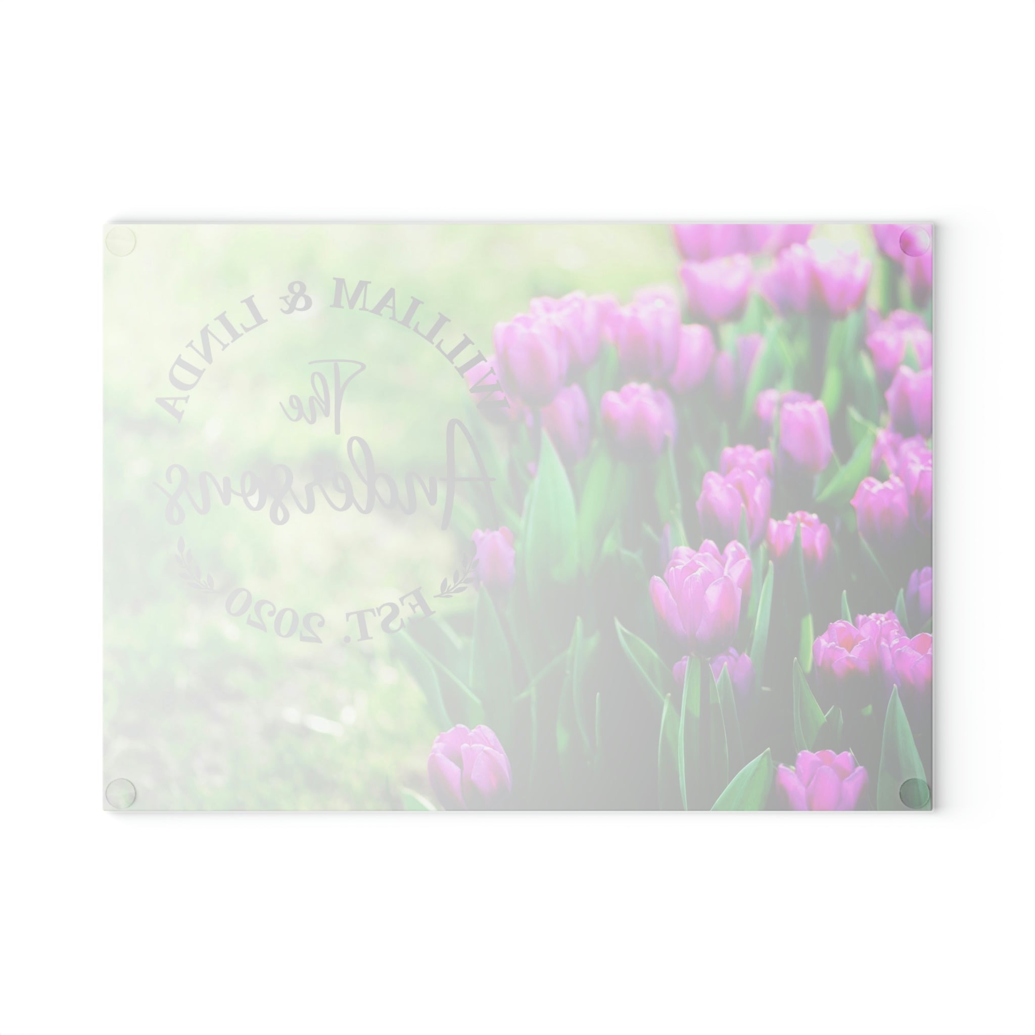 Personalized Purple Tulips Glass Cutting Board – 20 Custom Designs, Tempered Glass, Housewarming, Wedding & Real Estate Gifts - Available in 2 Sizes: 8x11 & 11x15  - DESIGN 19