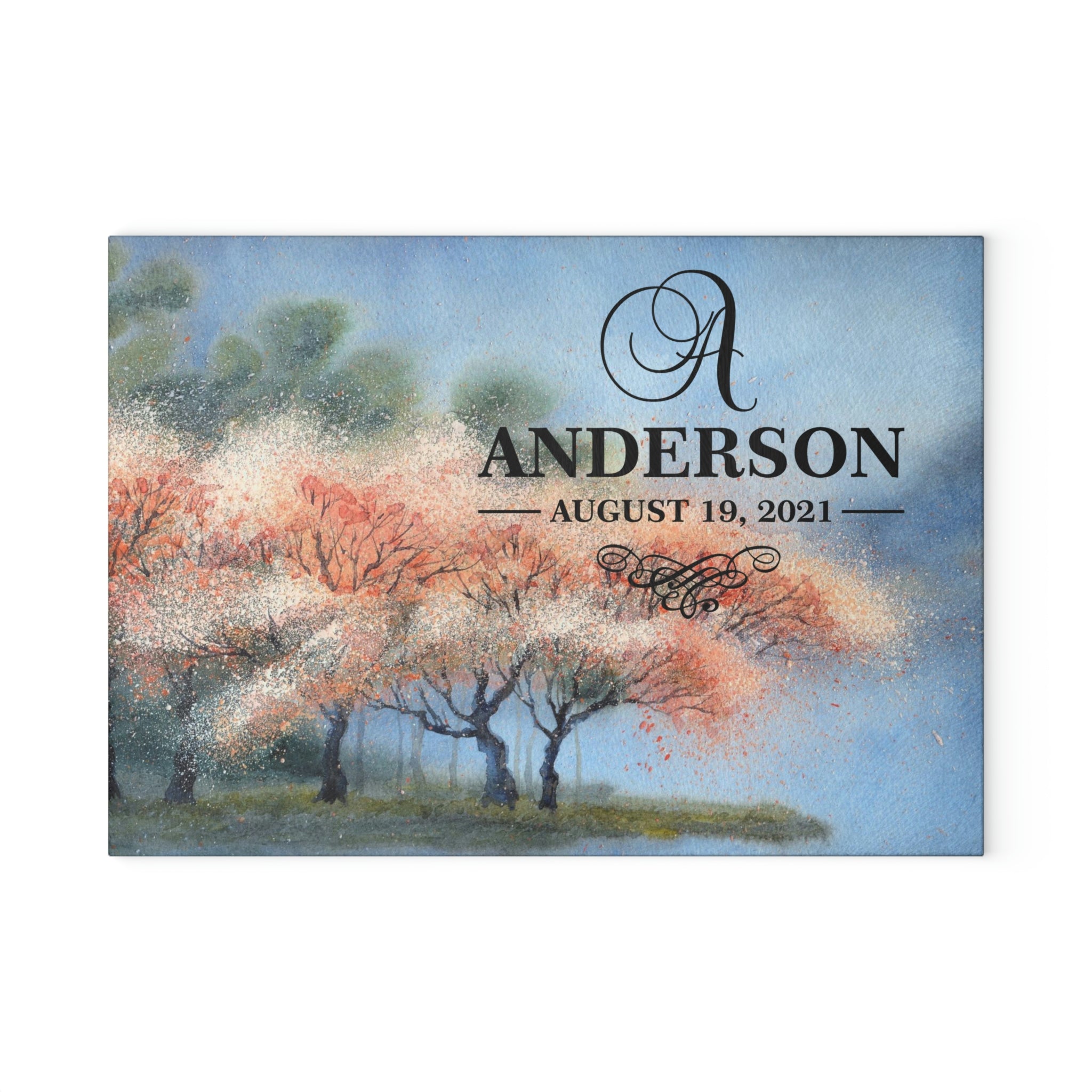 Personalized Cherry Blossom Trees Glass Cutting Board – 20 Custom Designs, Tempered Glass, Housewarming, Wedding & Real Estate Gifts - Available in 2 Sizes: 8x11 & 11x15  - DESIGN 4