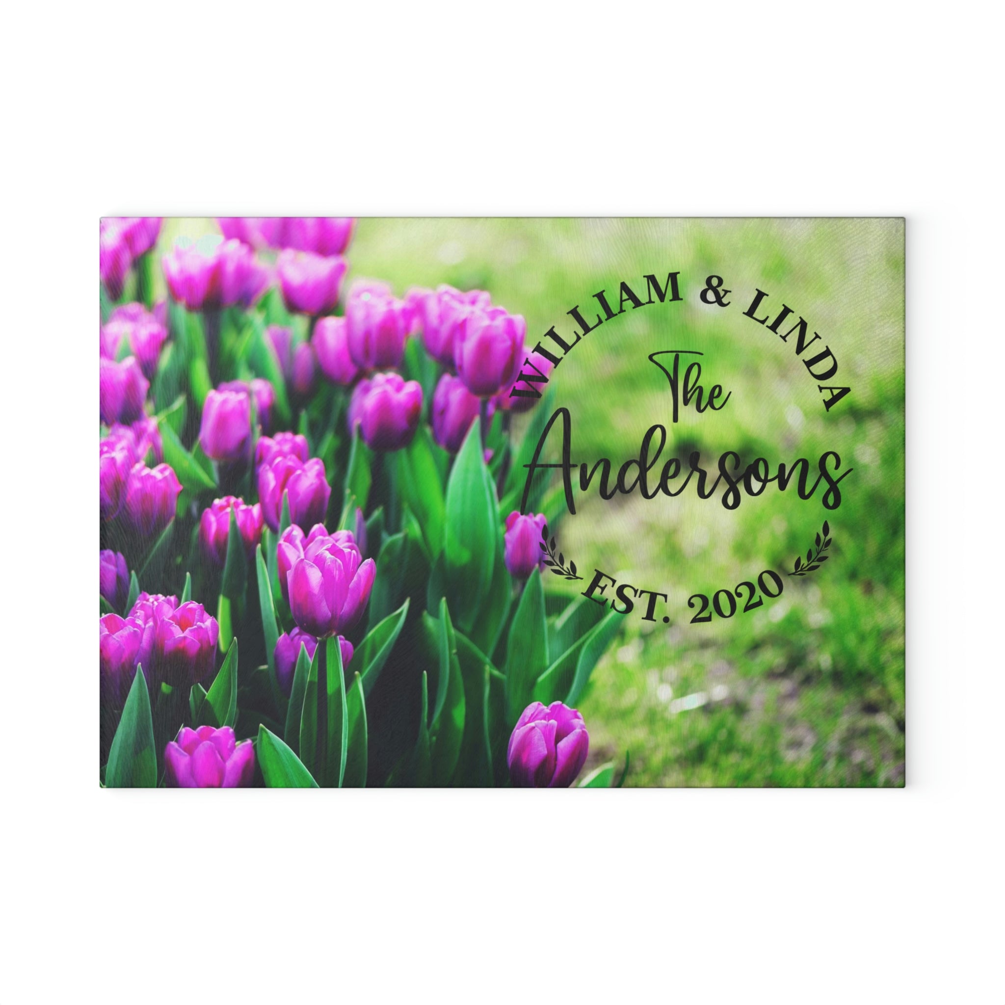 Personalized Purple Tulips Glass Cutting Board – 20 Custom Designs, Tempered Glass, Housewarming, Wedding & Real Estate Gifts - Available in 2 Sizes: 8x11 & 11x15  - DESIGN 19