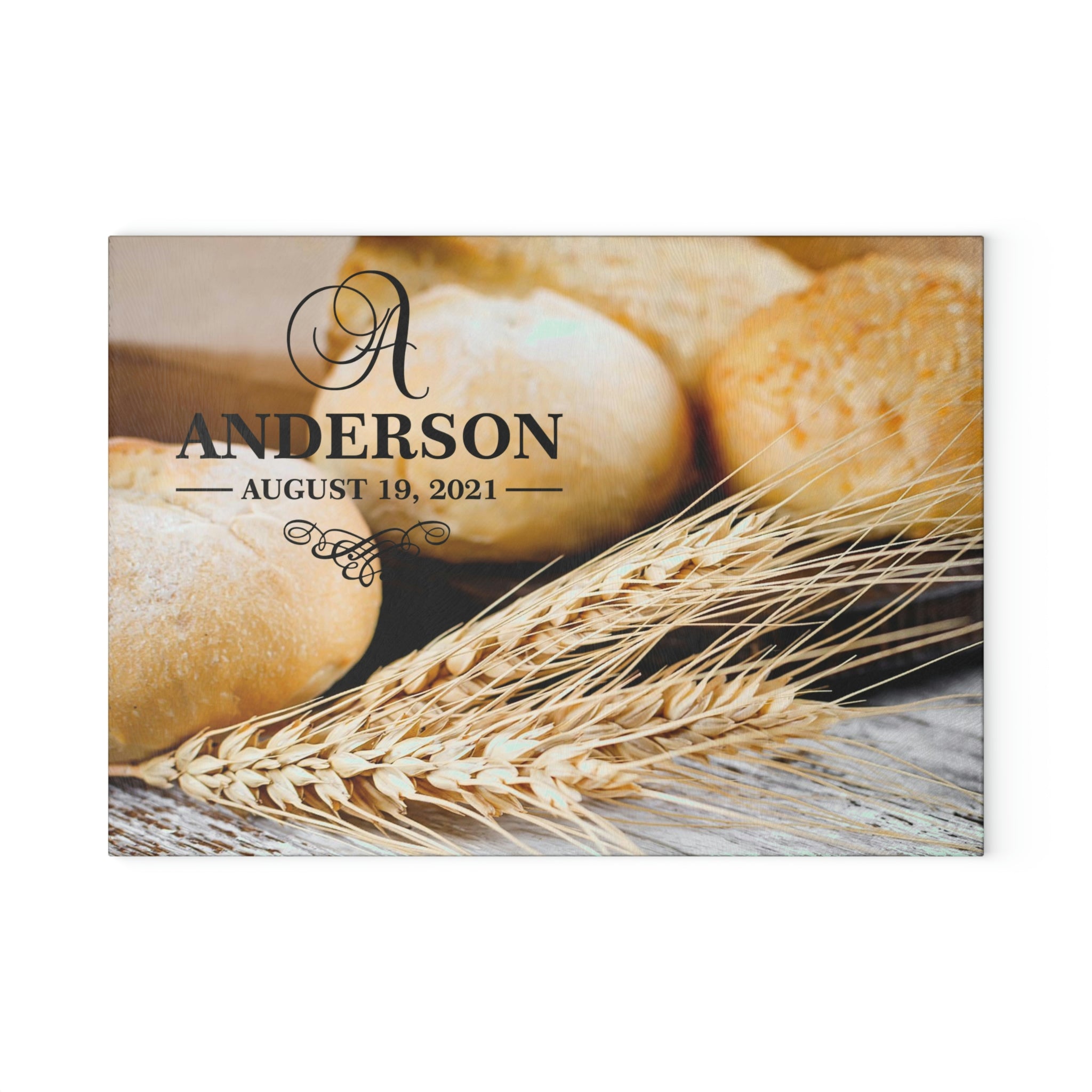 Personalized Bread Wheat Glass Cutting Board – 20 Custom Designs, Tempered Glass, Housewarming, Wedding & Real Estate Gifts - Available in 2 Sizes: 8x11 & 11x15 - DESIGN 16