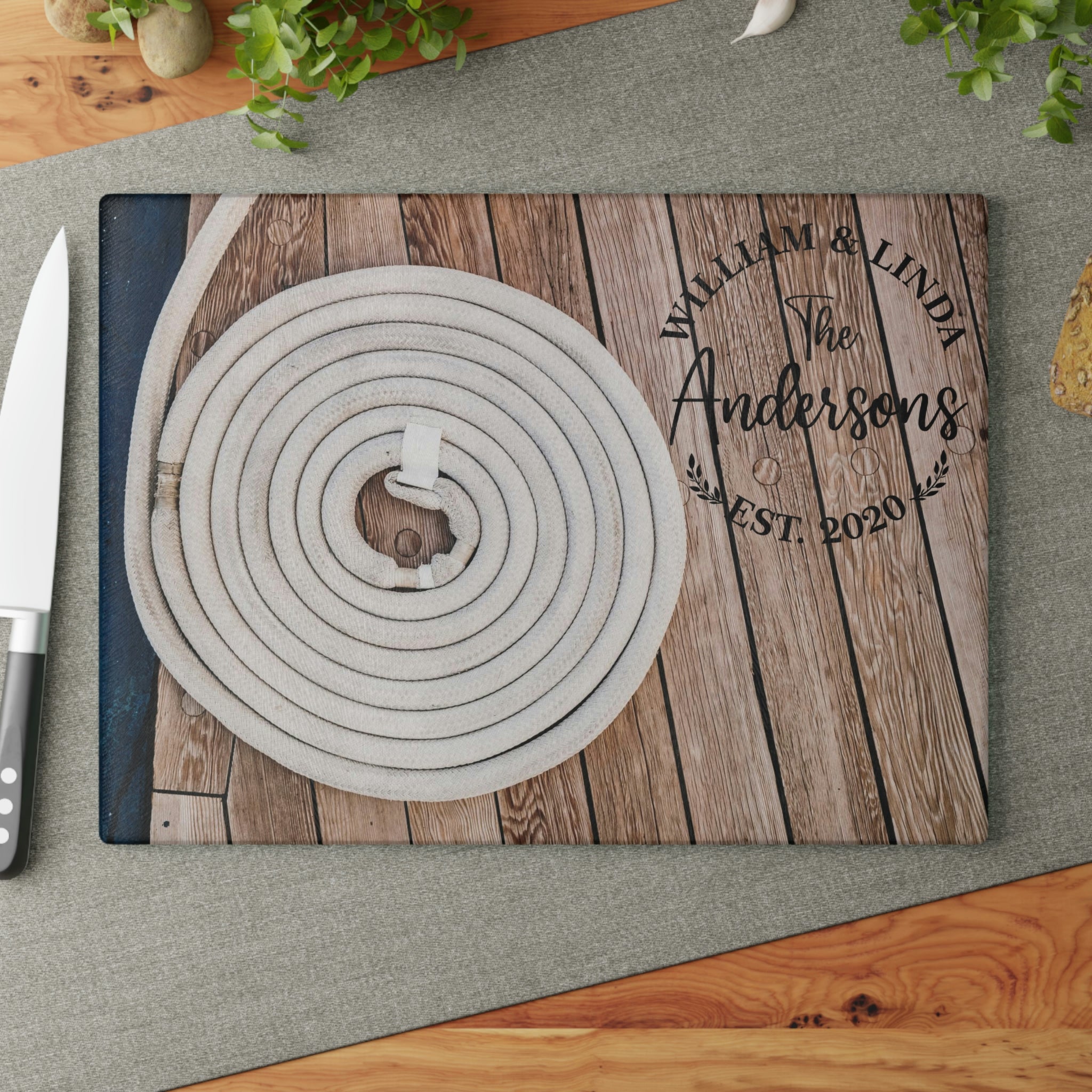 Personalized Boat Dock Rope Coil Cutting Board – 20 Custom Designs, Tempered Glass, Housewarming, Wedding & Real Estate Gifts - Available in 2 Sizes: 8x11 & 11x15 - DESIGN 11