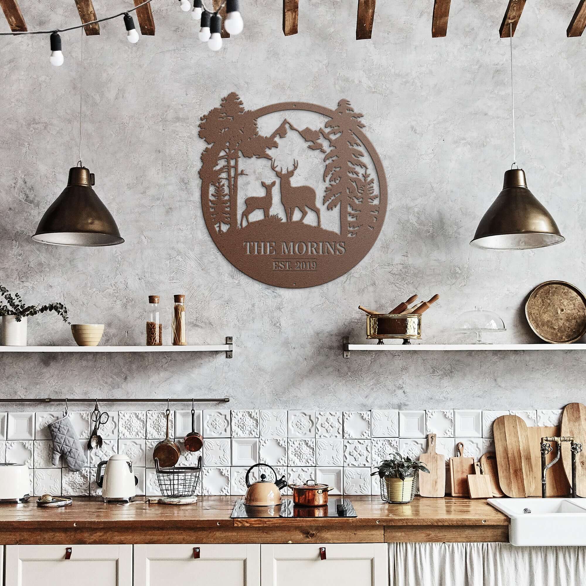 Mountain Deer Circle Personalized Metal Wall Art Decor Sign