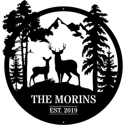Mountain Deer Circle Personalized Metal Wall Art Decor Sign
