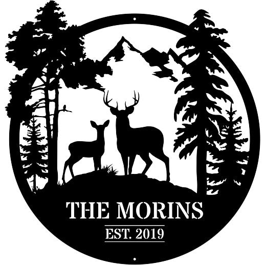 Mountain Deer Circle Personalized Monogram Custom Metal Wall Art Decor Sign