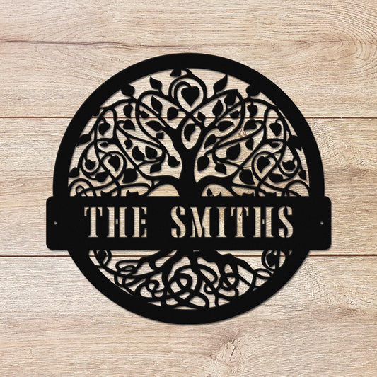 Metal wall art family tree of life sign. Customizable for your name or message to be displayed. 