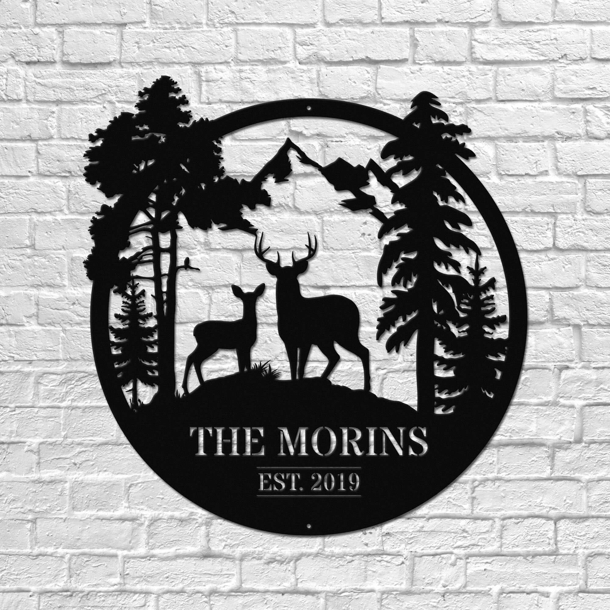 Mountain Deer Circle Personalized Metal Wall Art Decor Sign